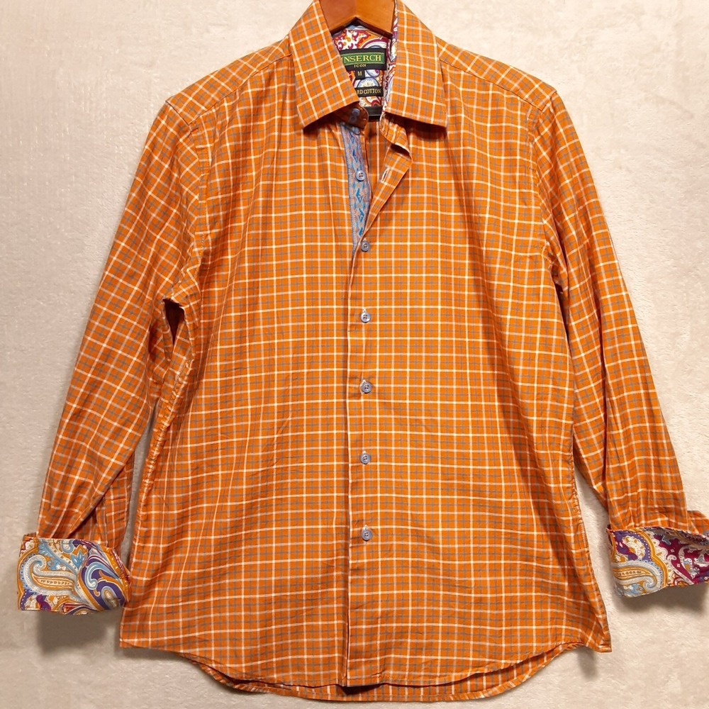 Inserch Icon Mens Long Sleeve Button Shirt Sz.M/Orange Plaid/Jacquard Cotton